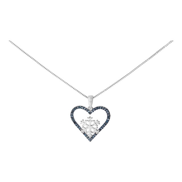 925 Sterling Silver 1/10ct TDW Blue Treated Diamond Heart Pendant Necklace For Sale