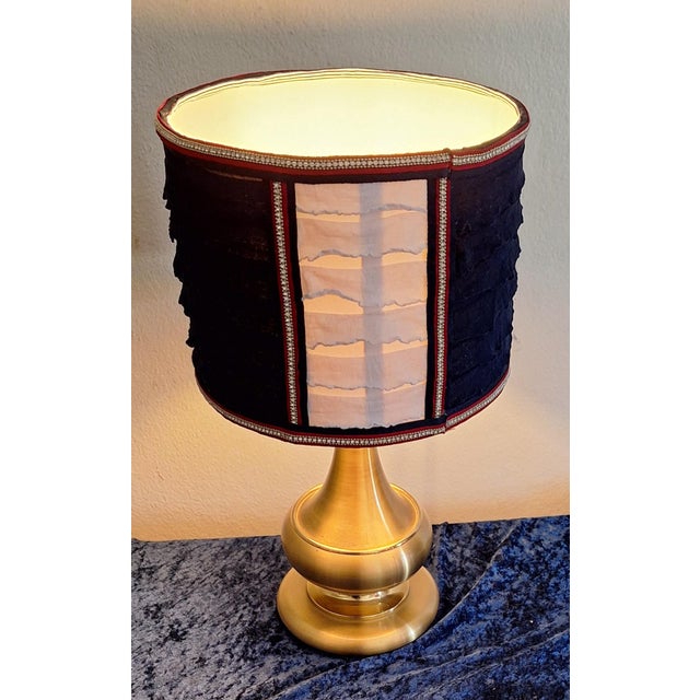 Vintage Table Lamp with Brass Base and Handmade Fabric Shade by Thiele for Lamplove, 1970s For Sale - Image 3 of 9
