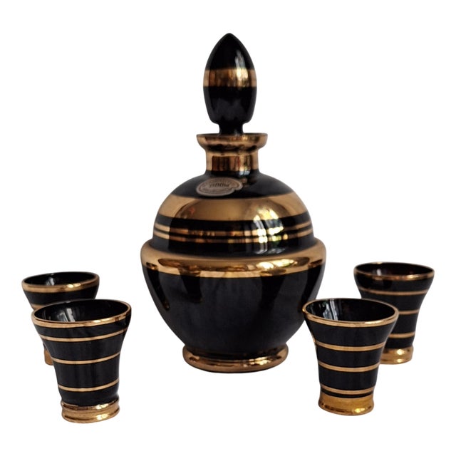 Art Deco Liqueur Set in Black Glass with Gold Painting by Boom, 1930s, Set of 5 For Sale