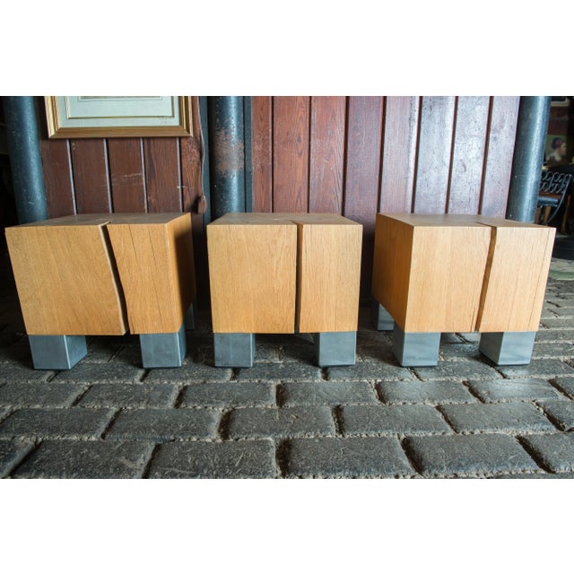 Three stunning handcrafted single solid oak cube modern tables with steel feet. Organic and natural tables.
