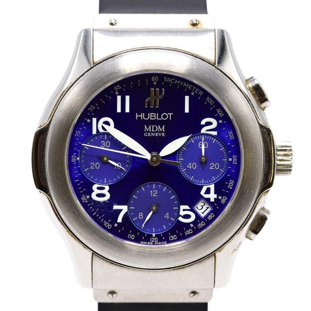 Hublot Elegant MDM automatic chronograph wristwatch in stainless steel and gold-tone featuring blue dial with bold Arabic...