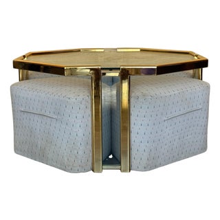 Mid 20th Century Hexagonal Gilded Coffee or Side Table with Four Nesting Stools with Glass Top For Sale