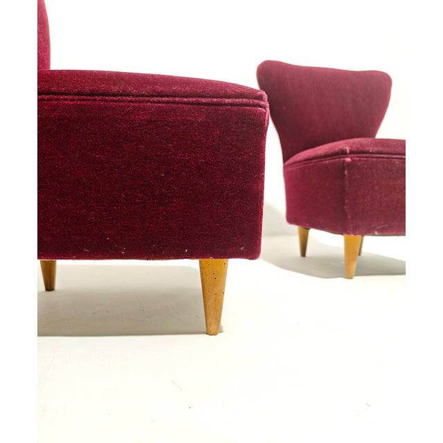 Cherry Velvet Armchairs with Wooden Legs, Italy, 1960s, Set of 2 For Sale - Image 4 of 13
