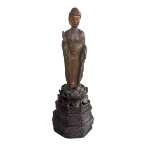 1900s Meiji Japanese Gilt Bronze Buddha Kannon Gold Statue Kyoto Japan Altar Temple Metal Lotus Pedestal Mudra