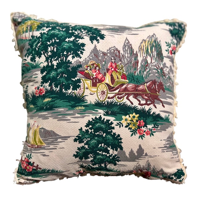 Vintage Barkcloth English Garden Scene Pillow Cover | 18x18 For Sale