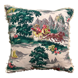Vintage Barkcloth English Garden Scene Pillow Cover | 18x18