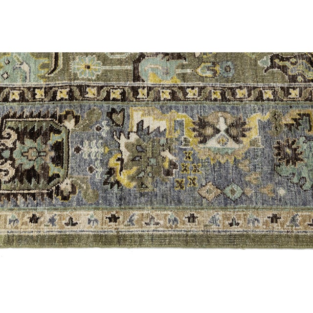 Modern Indian Heriz Style Wool Rug Handmade in Muted Green With Allover Design For Sale - Image 9 of 10