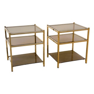 Vintage Brass and Smoked Glass 3-Tier Side Tables, 1970s, Set of 2 For Sale