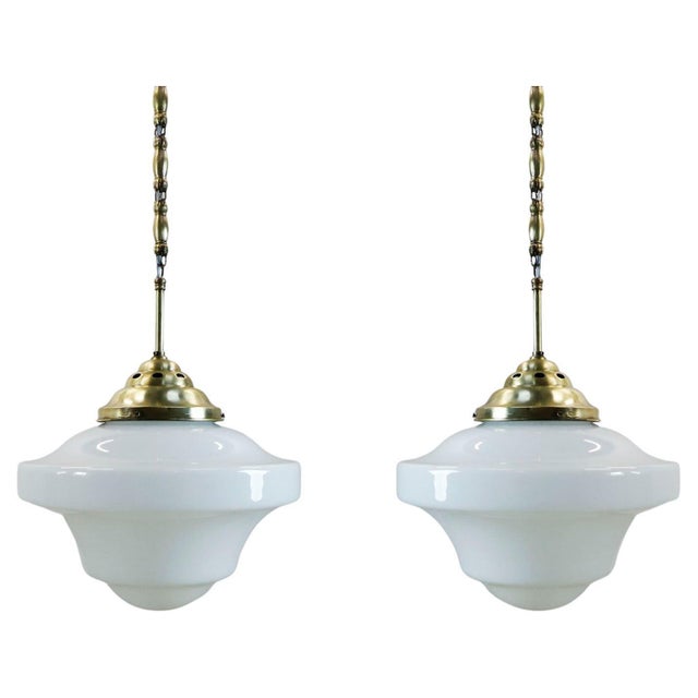 1930s Art Deco Milk Glass Pendant Lights Beautiful Long Chains Made of Brass - a Pair For Sale - Image 12 of 16