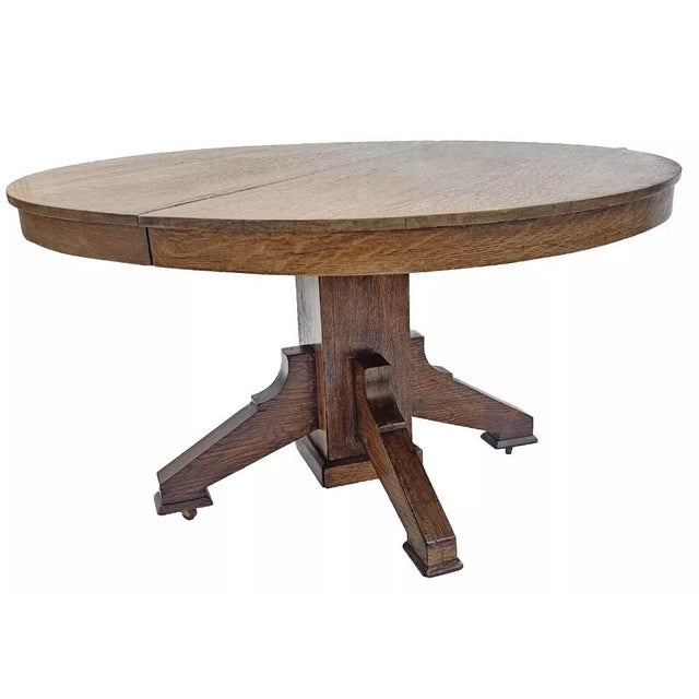 Antique 1910s Mission Quarter Sawn Oak Round Dining Table – 2 Leaves, Split Base For Sale In Los Angeles - Image 6 of 12