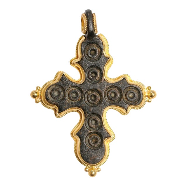 Antique Byzantine Bronze Cross in Gold Setting For Sale