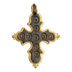 Antique Byzantine Bronze Cross in Gold Setting