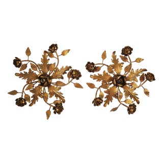 Hollywood Regency Gilded Metal Wall Lamps, Italy, 1960s, Set of 2 For Sale