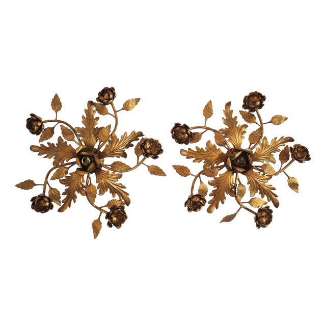 Hollywood Regency Gilded Metal Wall Lamps, Italy, 1960s, Set of 2 For Sale
