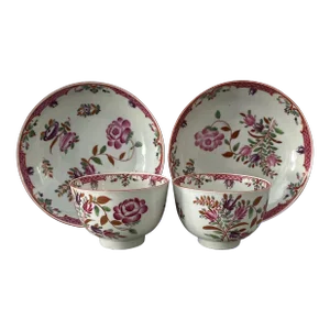 Antique Early 19th Century Georgian Pearlware Tea Cups & Saucers in the Chinese Famille Rose Taste C. 1800 - a Pair