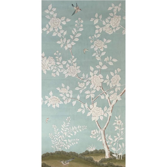 Chinoiserie Hand Painted Floral Wallpaper on Blue Tea Paper Panel For Sale