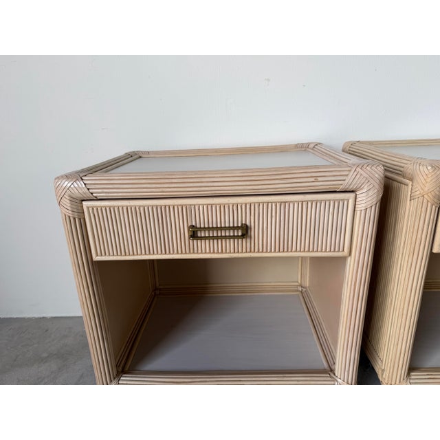 Vintage Coastal Rattan & Leather Top One-Drawer Nightstands – A Pair For Sale - Image 10 of 12