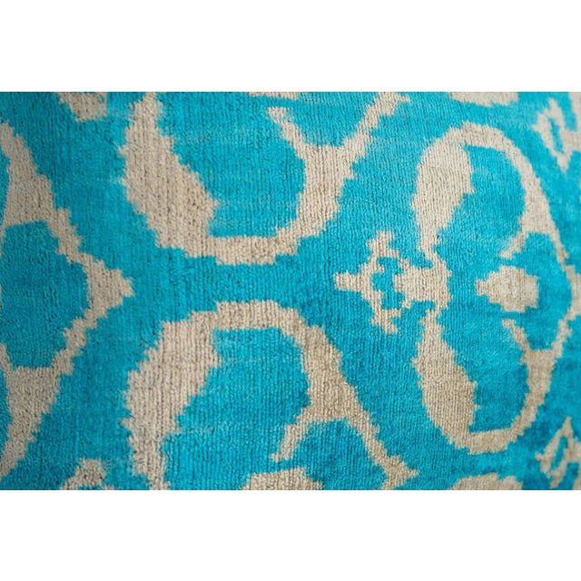 Handmade Velvet Throw Pillow With Turquoise and Beige Ikat Design & Down Feather Insert For Sale - Image 4 of 5