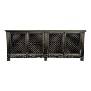 Vintage Black Large Lattice 4-Door Sideboard Credenza For Sale