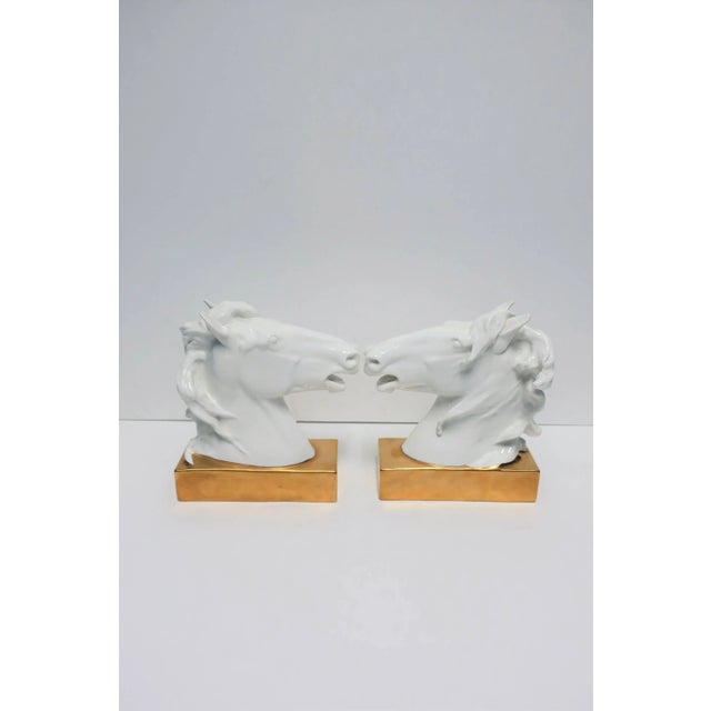 Late 20th Century Horse Head and Mane Bookends or Decorative Object Sculptures White and Gold Porcelain, Pair For Sale - Image 5 of 13