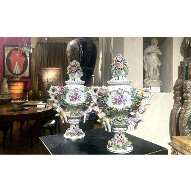 19th Century Capodimonte Polychrome Porcelain Incense Burners Vases with Flowers and Winged Cherubs, Set of 2 For Sale - Image 12 of 18