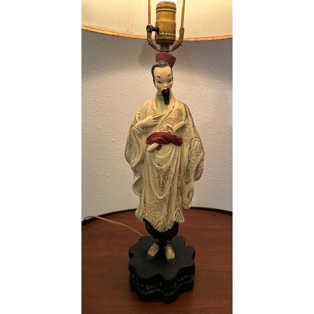 Mid-Century Modern Mid Century Chinoiserie Asian Figural Warrior Chalkware Lamp 22" For Sale - Image 3 of 11