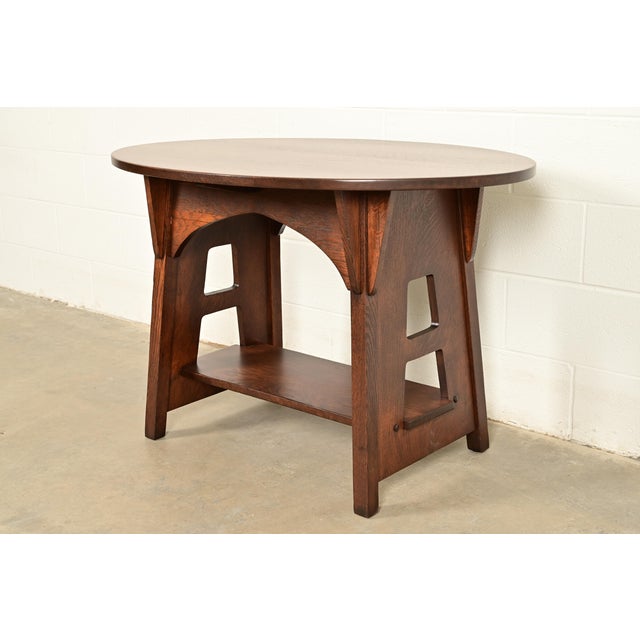 Limbert Antique Mission Oak Arts & Crafts Oval Cutout Center Table or Library Table, Newly Refinished For Sale In South Bend - Image 6 of 11