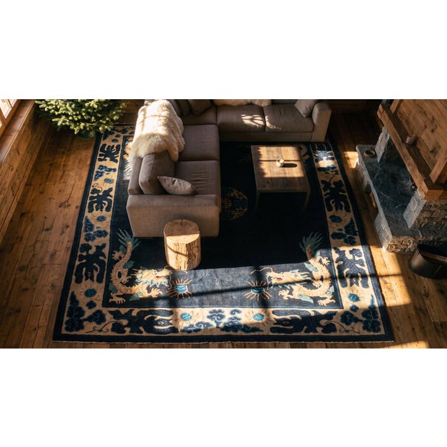1890s Navy Blue Dragon Medallion Antique Chinese Ningxia Carpet 6' X 8' 8'' Wool Knotted Rug For Sale - Image 11 of 11