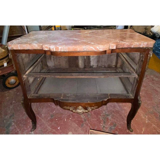 Brown Antique French Louis XV - XVI Style Marble Top and Marquetry Inlaid Commode For Sale - Image 8 of 13