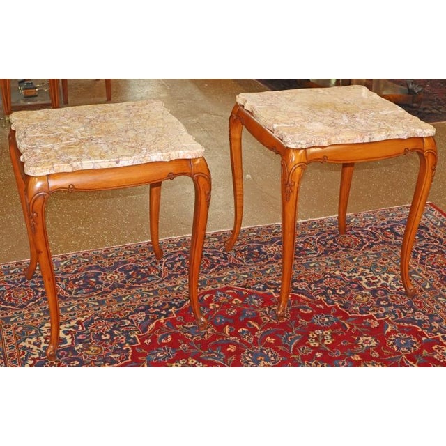 French Pair of Vintage Marble Top Walnut Louis XV French Style End Tables For Sale - Image 3 of 15