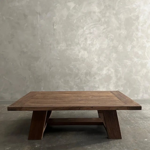 Mid-Century Modern Reclaimed Elm Wood Coffee Table in Walnut Finish-56" For Sale - Image 3 of 12