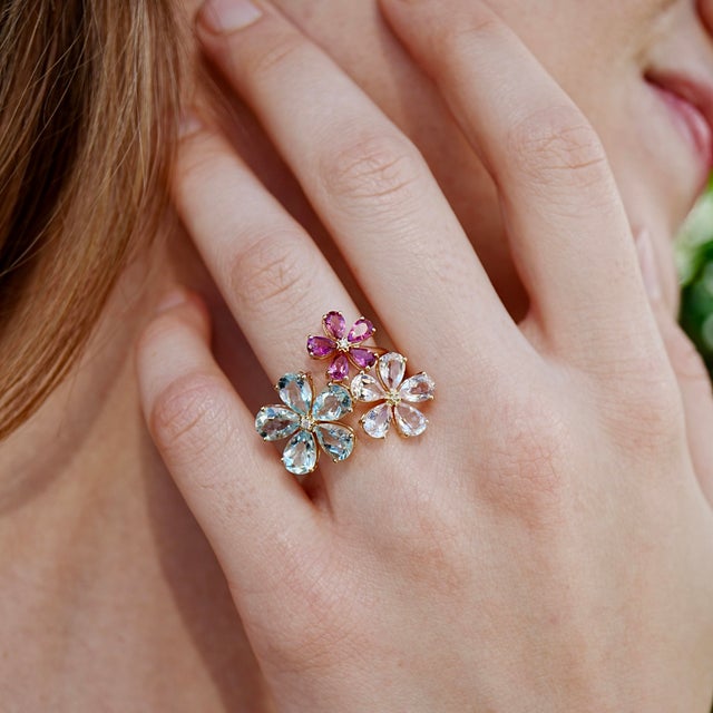 Nina Zhou Jewelry Nina Zhou 6.46ctw Aquamarine, Morganite, Pink Tourmaline & Diamond Flower Cocktail Ring (All Sizes Available) For Sale - Image 4 of 8