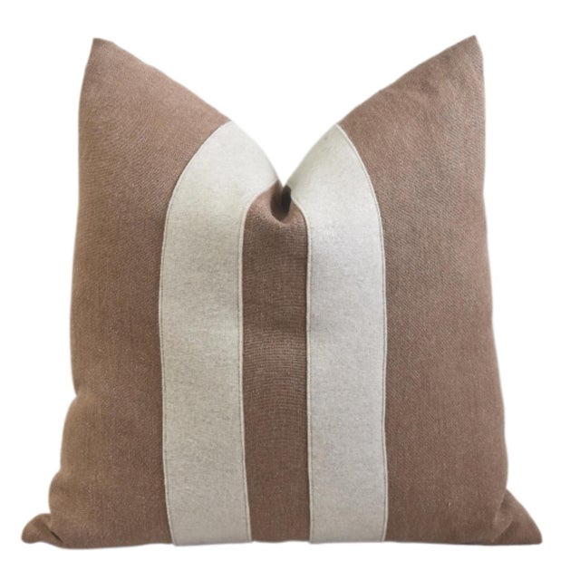 French Brown and Cream Appliqué Stripes Wool and Linen Feather/Down Pillow For Sale In Los Angeles - Image 6 of 6