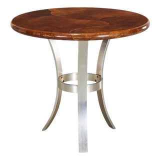 Mid Century Modern Round Goatskin and Aluminum Side Table For Sale