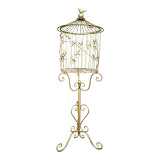 Vintage 20th Century Large Gold Decorative Bird Cage on Metal Stand For Sale