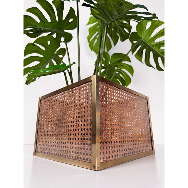 Acrylic Glass, Cane and Brass Cachepot Planter in the style of Dior Home, 1970s For Sale - Image 14 of 16