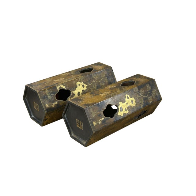 Wood Pair Chinese Matte Gold Scenery Hexagonal Display Wood Brush Pots Vase For Sale - Image 7 of 18