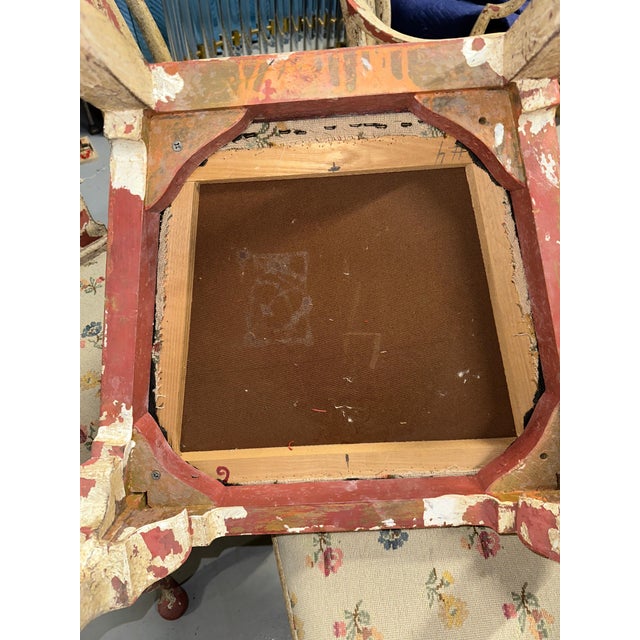 Early 20th Century Set of 8 Painted Chippy Dining Chairs with Needlepoint Floral Seats For Sale In Palm Springs - Image 6 of 18