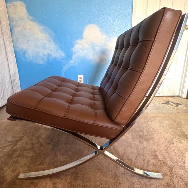 Metal Pair of Knoll Barcelona® Chairs by Ludwig Mies Van Der Rohe - Velluto Pelle Umber Leather For Sale - Image 7 of 12