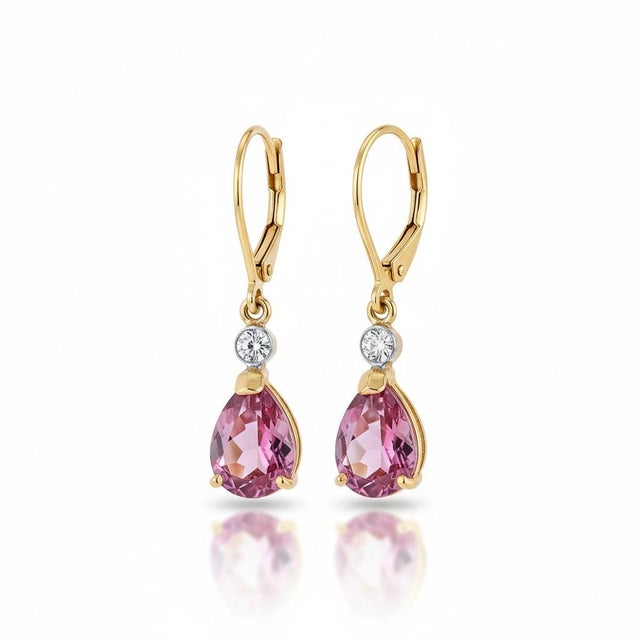 Modern 14k Yellow Gold Lever Back Hoop Earrings With Pink Topaz & Diamond Accents, A Pair For Sale - Image 3 of 8