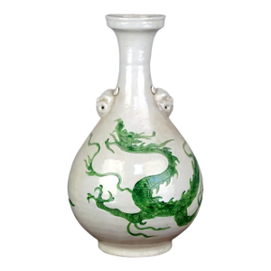 Chinese Vintage Ceramic Vase,White Glaze Green Drawing Porcelain Yuhuchun Vase Hand Painted Cloud Dragon Pattern