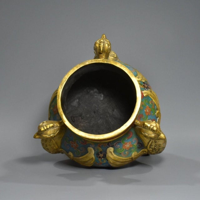 Yellow Pure Copper Cloisonne Filigree Flying Beast Incense Burner Censer - Gilt Gold Body With Colored Enamel For Sale - Image 8 of 9