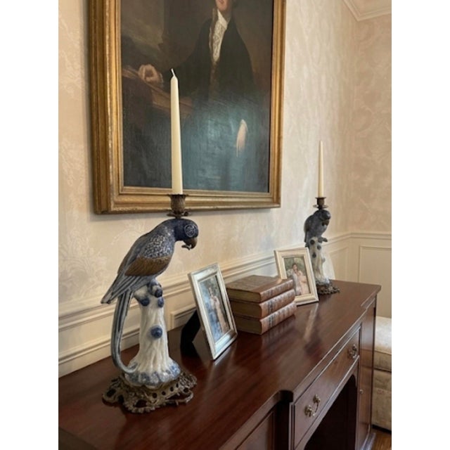 A Pair of Vintage Hollywood Regency Style Blue & White Ceramic Parrot Candle Holders For Sale - Image 11 of 12