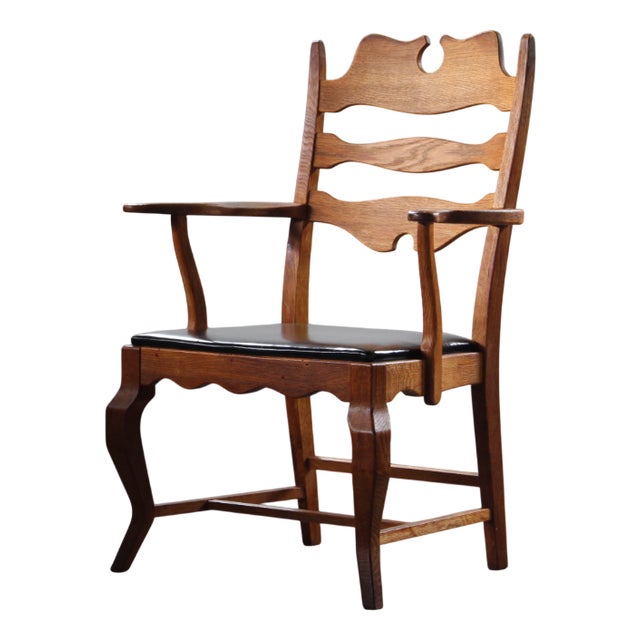 Vintage Brutalist Oak Razorblade Black Leather Armchair by H. Kjærnulf, 1960s For Sale