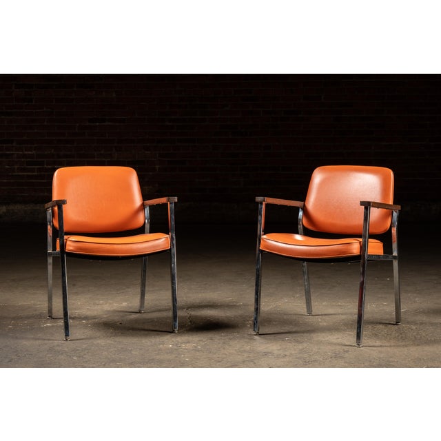 Mid-Century Modern Pair of Delwood Mid Century Orange Vinyl Armchairs For Sale - Image 3 of 10