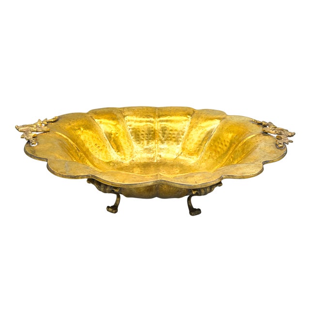 Vintage Hand-Hammered Brass Footed Centerpiece Bowl With Foliate Handles – Rustic European / Rococo For Sale