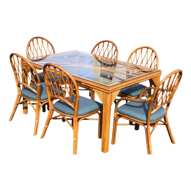 Vintage Rattan Dining Set with Six Chairs attributed to McGuire For Sale