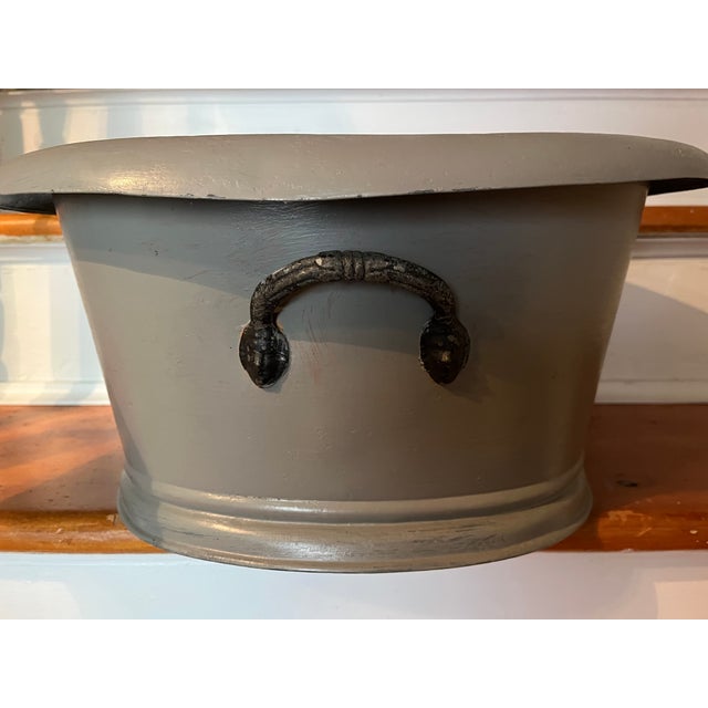 Gray Antique 19th Century French Second Empire Tole Gray Painted Oval Jardiniere Cachepot Planter With Mask Handles For Sale - Image 8 of 18