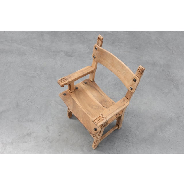 Brutalist Armchairs with Carved Rosettes and Nailed Wooden Seats, Spain, 1950s, Set of 2 For Sale - Image 11 of 12