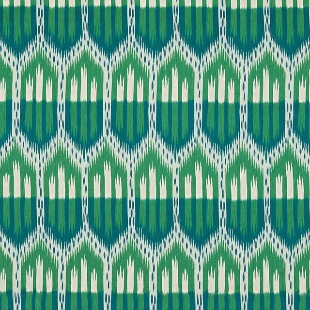 Sample- Schumacher Bukhara Ikat Fabric in Emerald & Peacock For Sale